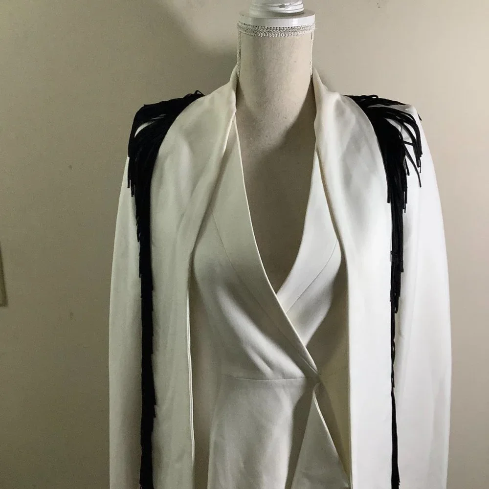 BCBGMAXAZRIA Off-White Paola Tassels Trim Blazer Long Size XXS - Picture 2 of 15